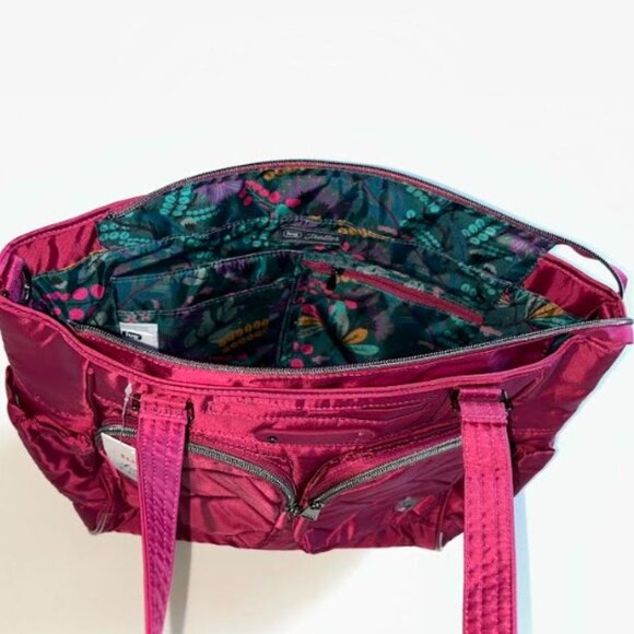 Lug Trotter Tote Bag Raspberry Red/Wine with Evermore Flora Green Interior - Picture 10 of 13